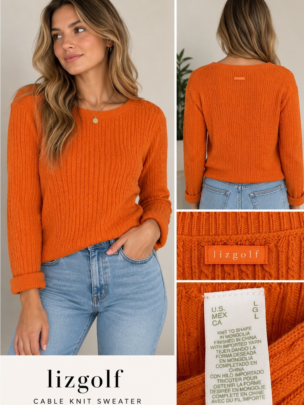 Vintage LizGolf Cable Knit Crewneck Sweater - Bright Orange - Women's Size L